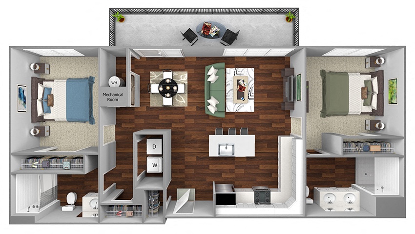 Floor plan for 2 beds, 2 baths, 1081 sqft